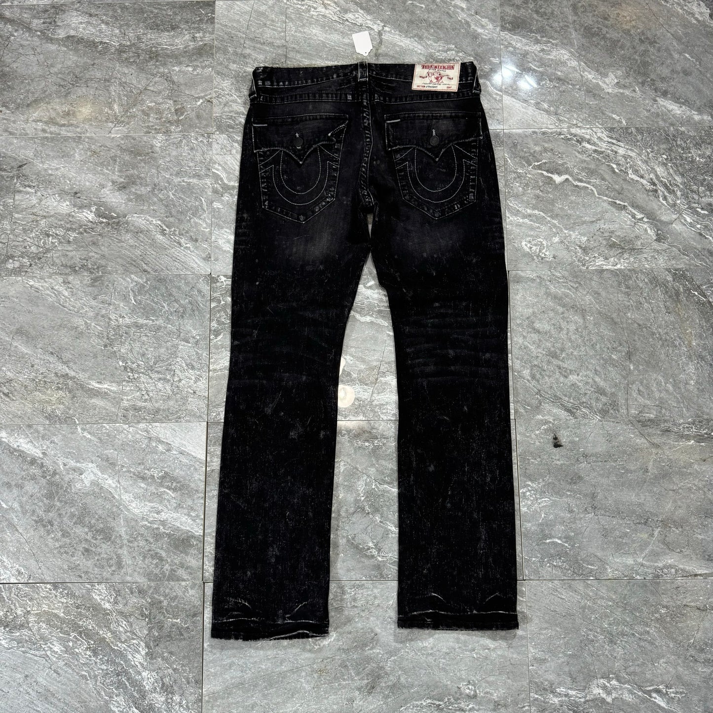 True Religion Straight Leg Black Distressed Patch Denim (34)