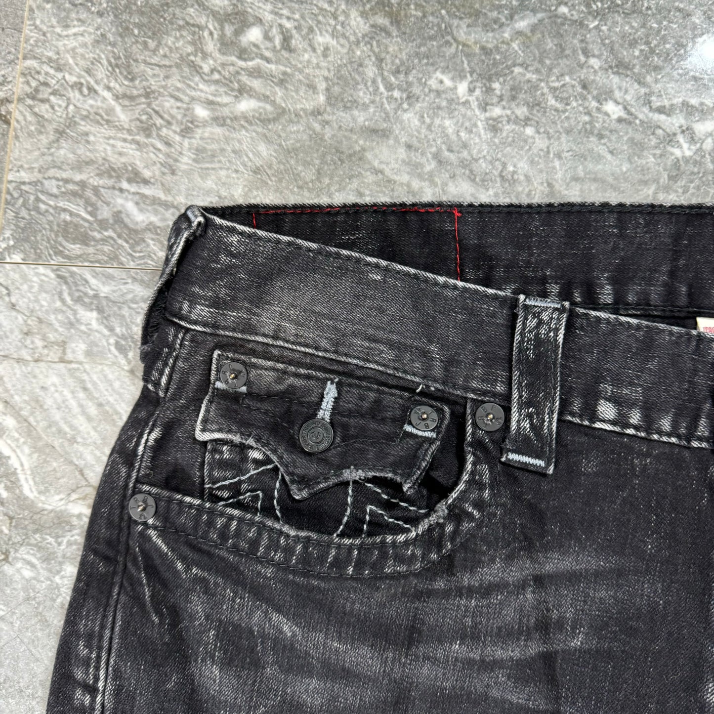 True Religion Straight Leg Black Distressed Patch Denim (34)