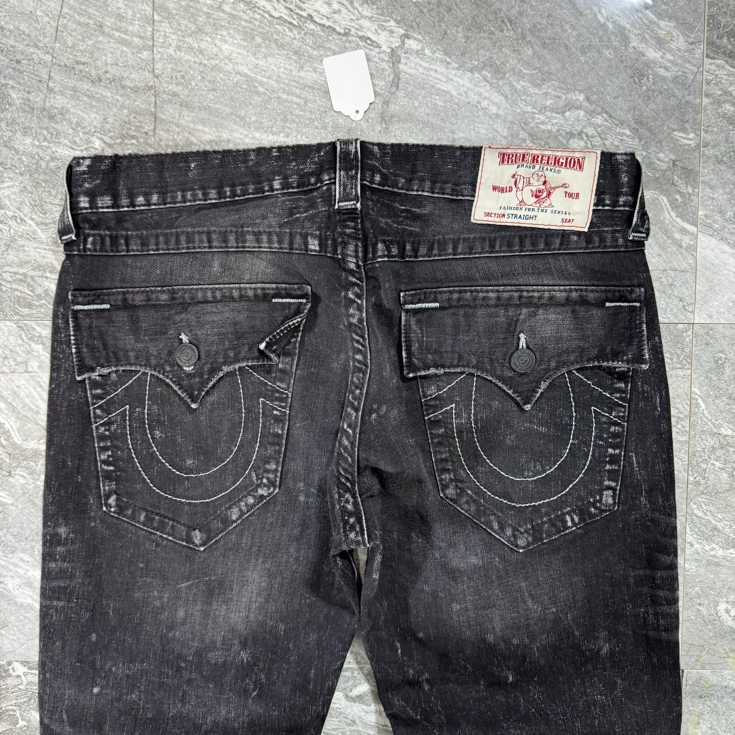 True Religion Straight Leg Black Distressed Patch Denim (34)