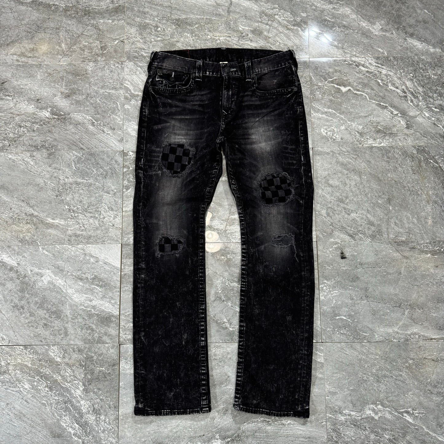 True Religion Straight Leg Black Distressed Patch Denim (34)