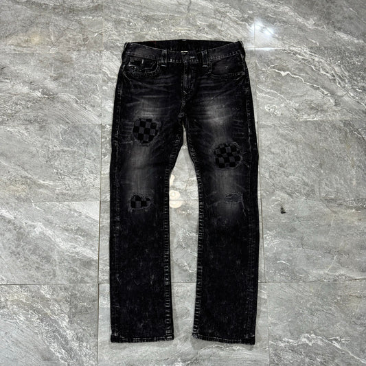 True Religion Straight Leg Black Distressed Patch Denim (34)